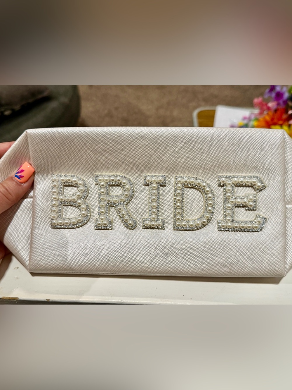 Pearl/Rhinestone Embellished Bride Satin Makeup bag - Ivory NEW NEVER USED